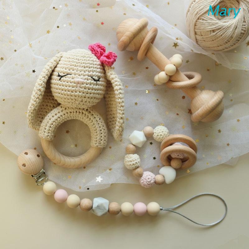 Mary 4pcs / Set Mainan Rattle / Teether Bentuk Kelinci Bahan Kayu Untuk Bayi