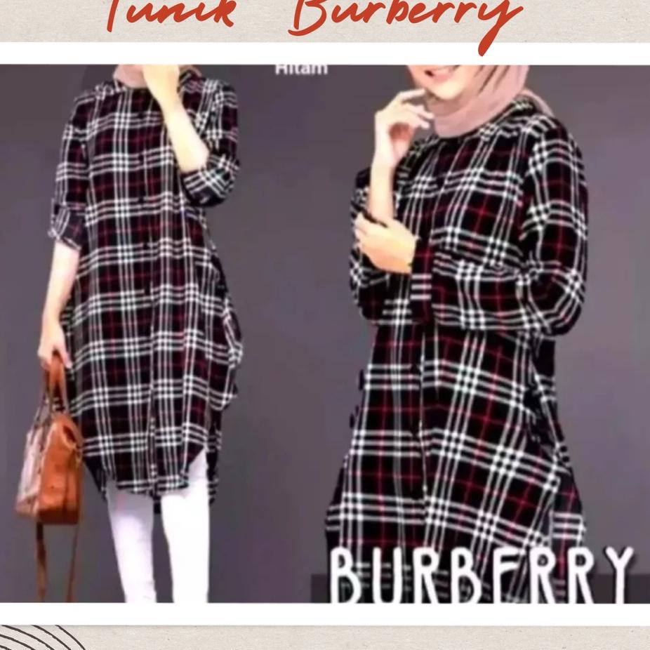 Harga Baru✨ Long Tunik Wanita Kotak Burberry Terbaru Kekinian ukuran Jumbo LD sampai 120 130 / Atasa
