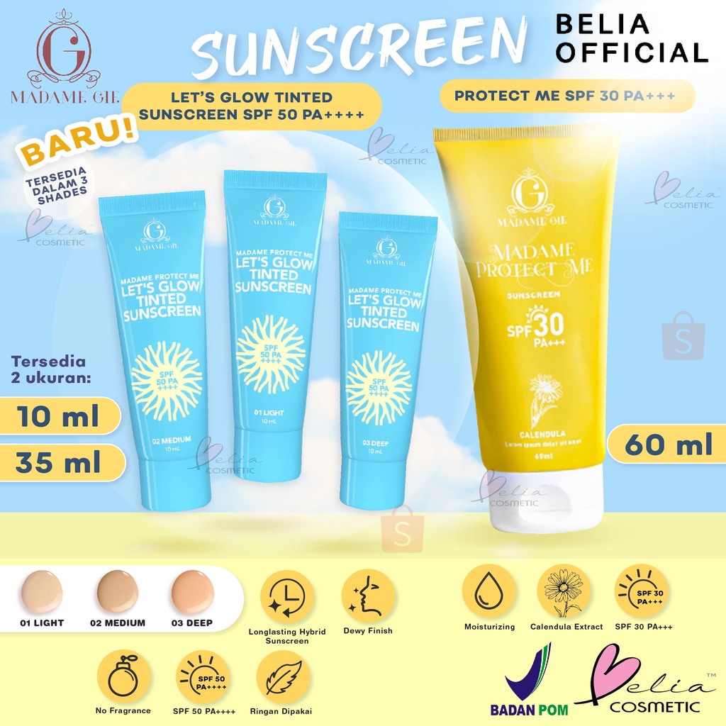 ❤ BELIA ❤ MADAME GIE Protect Me SPF 30 w Aloe Vera 60mL | Protect Me Let's Glow Tinted SPF 50 PA ++++ 10ml | Sunscreen sunblock tabir surya sun block