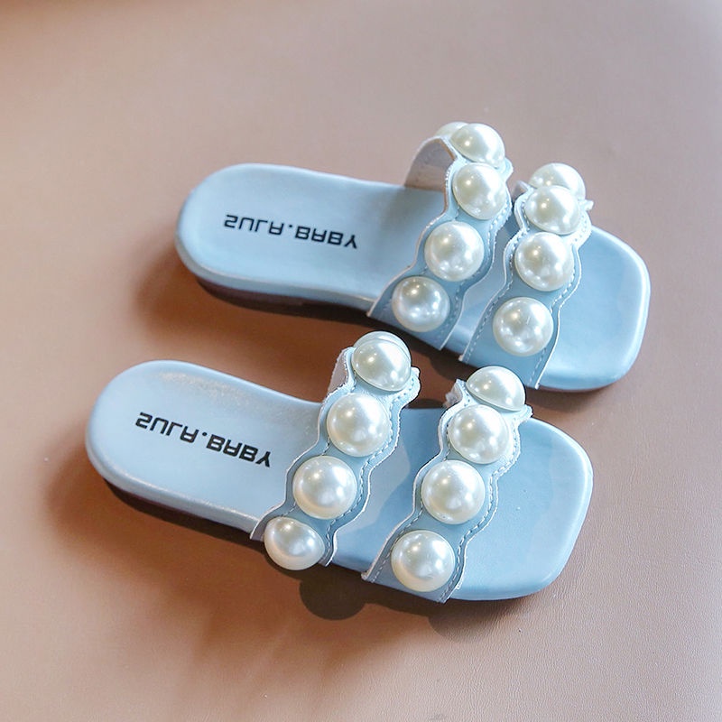 Sandal anak perempuan sandal mutiara lucu bagian bawah lembut non-slip kulit PU flip-flop