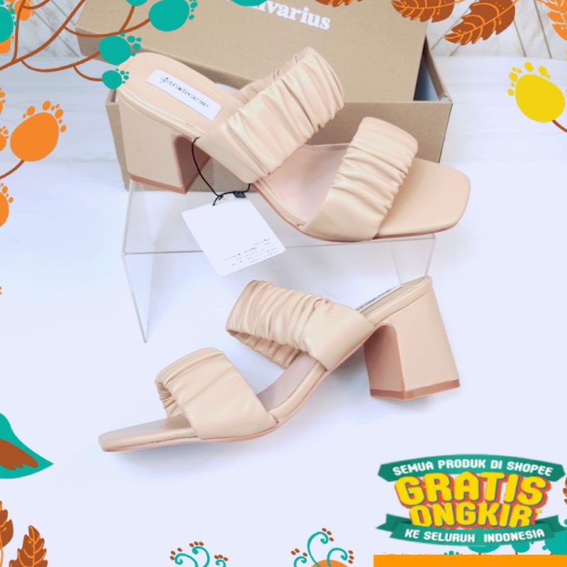 sepatu sendal pink salem grey ungu hijau muda tua dark light / Stradivarius Double Strap Puffy Heele