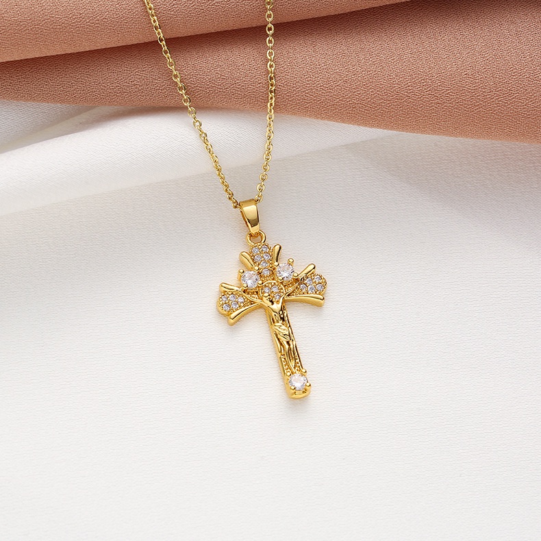 XiaoboACC Kalung Rantai Klavikula Desain Butterfly Cross Bahan Stainless Steel Lapis Emas Ukuran Untuk Wanita - 45CM+5CM