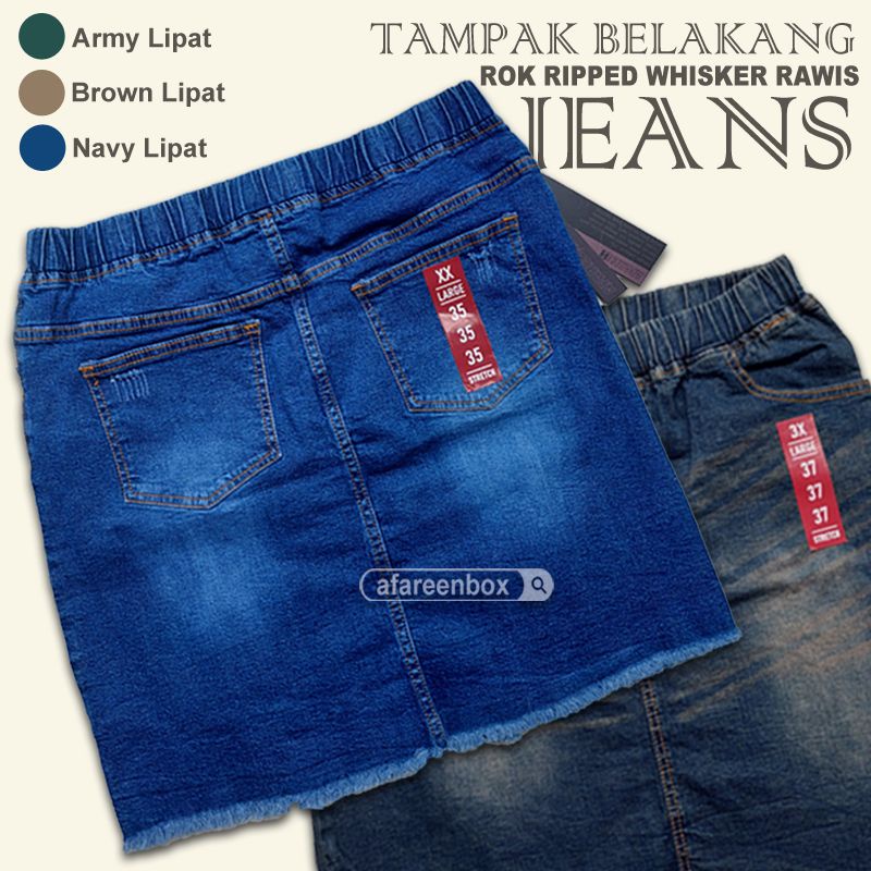 AFAREEN - Rok Pendek Jeans Wanita Ripped Rawis / Rumbai Pinggang Karet Melar/ Stretch Rok Korean Midi Jeans Denim Skrit Jumbo Big Size 35-42