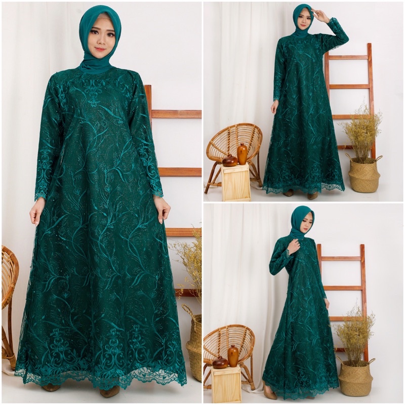 (PASTI REALPICT) GAMIS BELLA FULL BRUKAT TILE BORDIR MUTIARA GLITTER MAXI DRESS PESTA MUSLIM