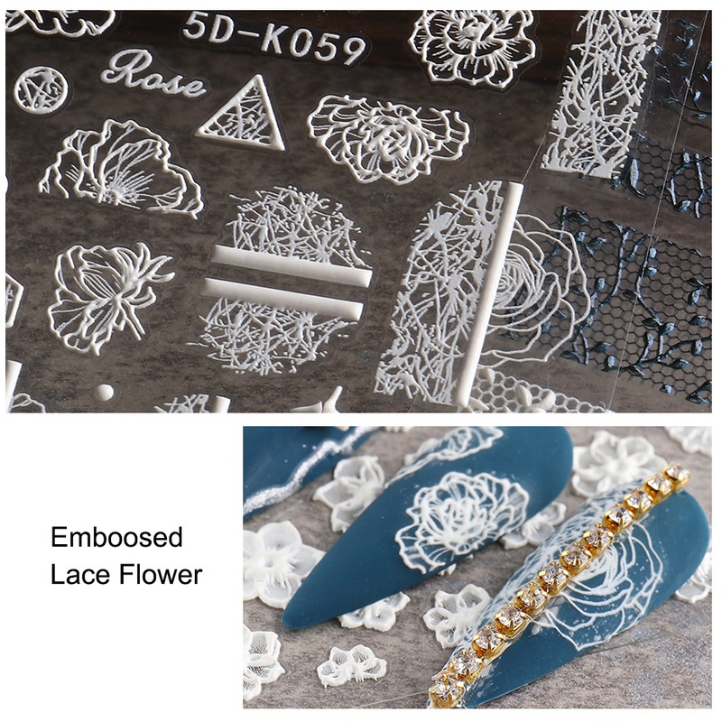 1 Lembar Stiker Kuku Motif Renda Bunga 5d Warna Hitam Putih Bahan Akrilik Untuk Dekorasi Manicure
