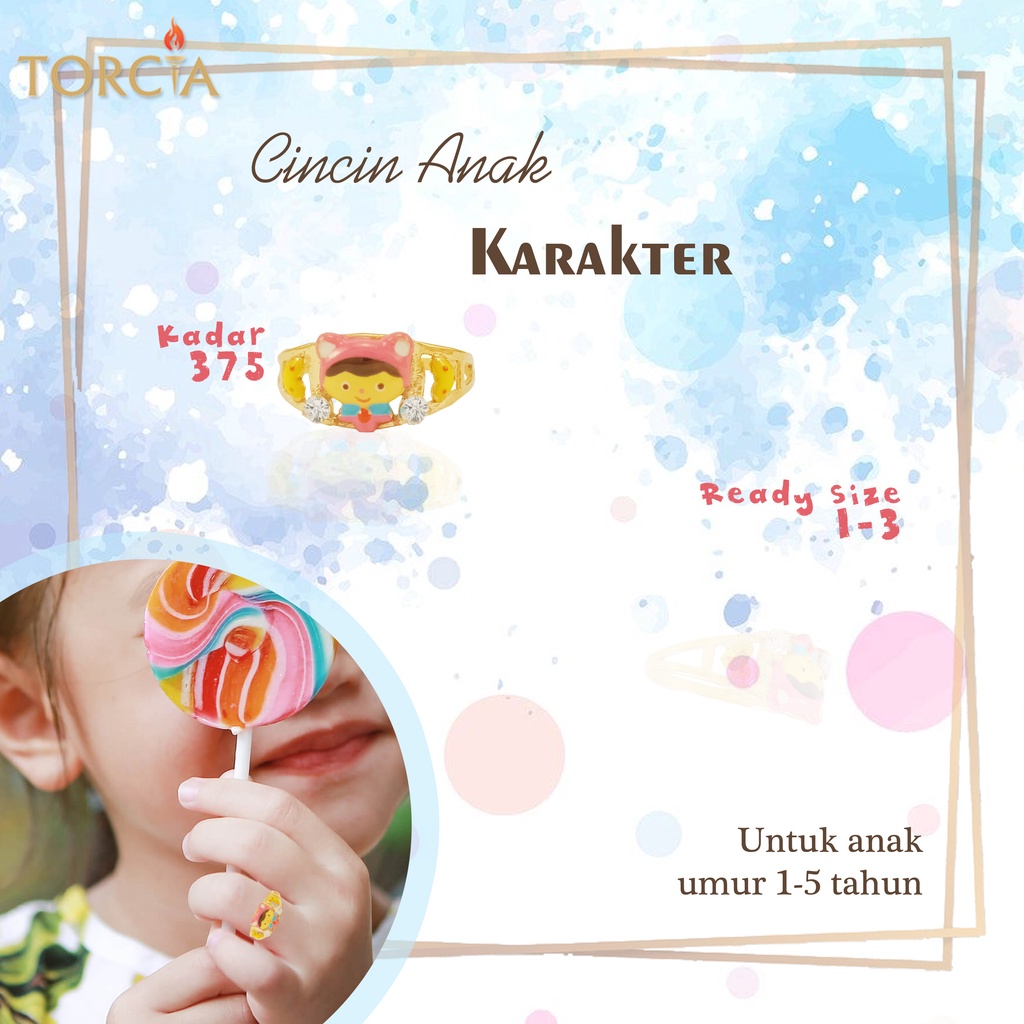 Cincin Anak Emas Asli Girly Karakter Pink Imut Kadar 375 Torcia Gold