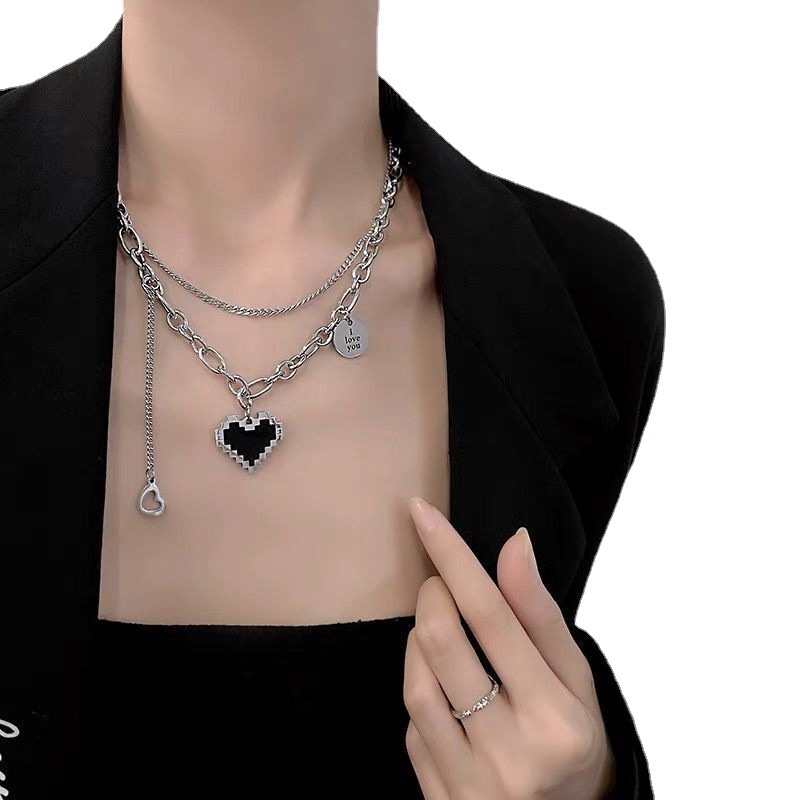 COD❤️Kalung Titanium Cinta Mosaik Wanita Pria Korea Liontin Hip Hop Anti Karat Dan Luntur Mewah Multi-layer Retro Murah Import Ready Stock