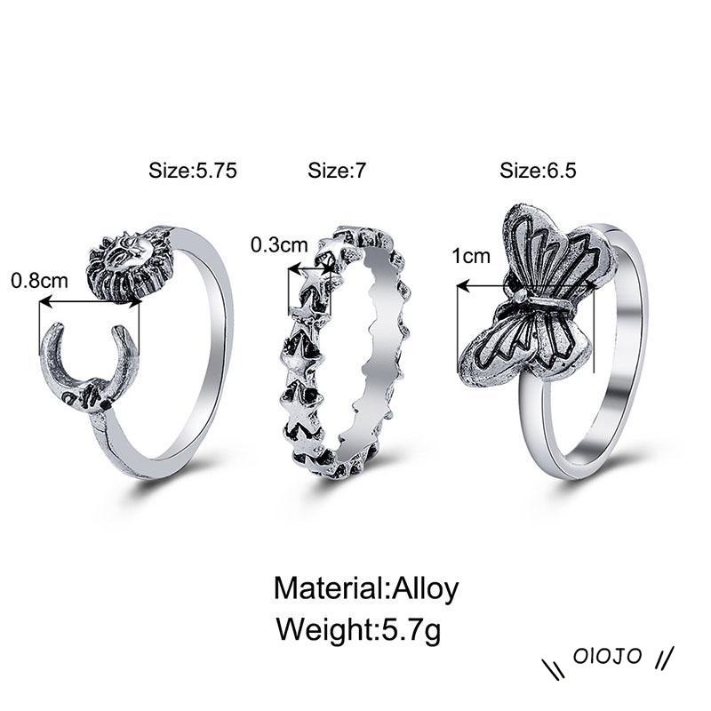 【COD】3pcs / Set Cincin Model Terbuka Desain Matahari + Kupu-Kupu Gaya Retro Kreatif Untuk Wanita