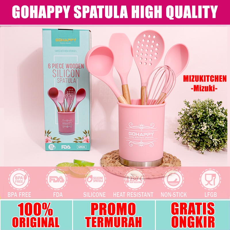 GOHAPPY SPATULA SET Silikon kualitas terbaik dengan wadah sutil utensils set 6 pcs GHX26 PINK OR CHOCO