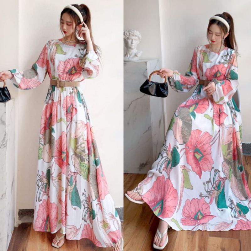 DRESS  BELLA FLOWER WHITE ORI BKK FREE BELT / GAMIS FLORAL BANGKOK / DRESS IMPORT PREMIUM