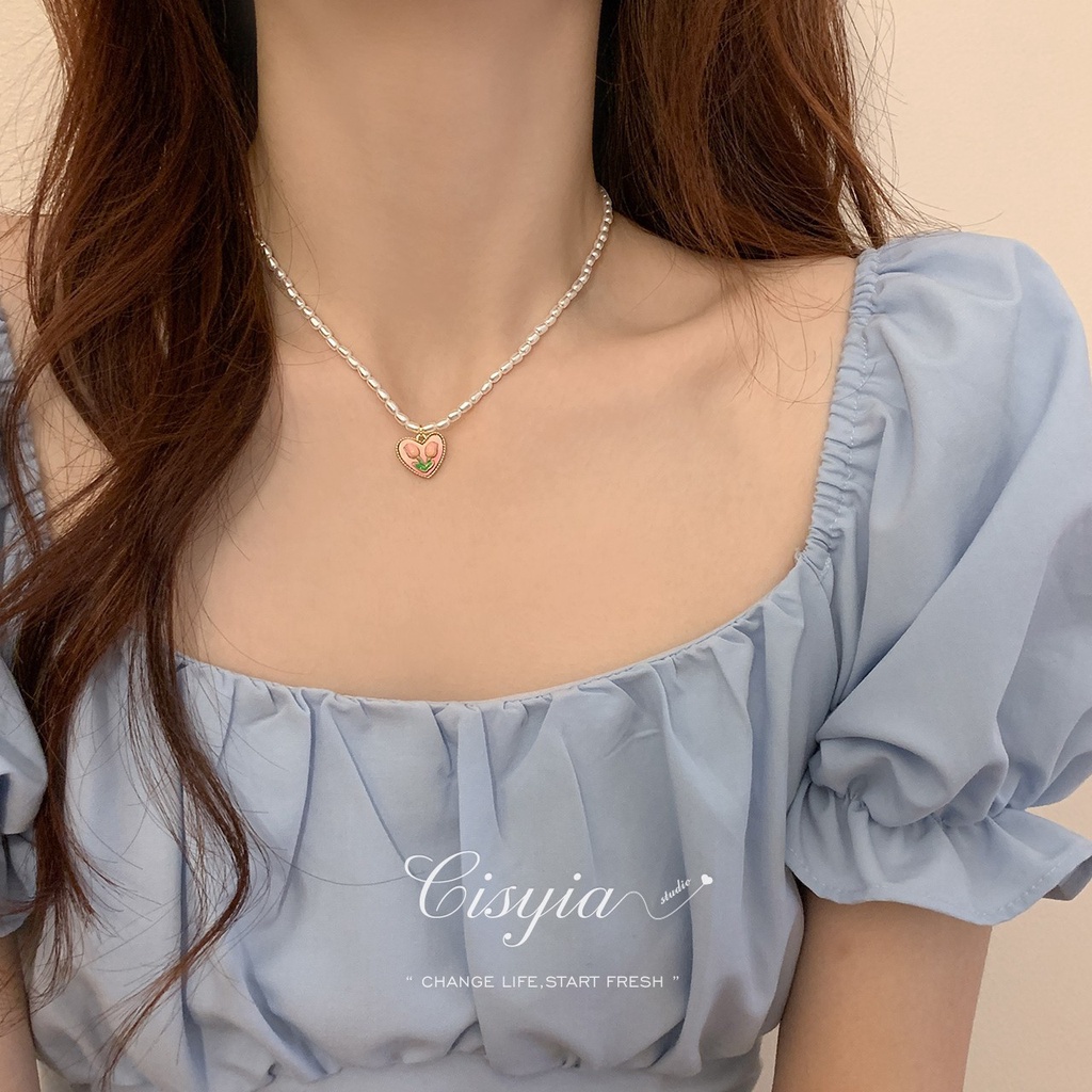 Kalung Choker Manik-Manik Mutiara Bentuk Bunga Tulip Warna Pink Untuk Wanita