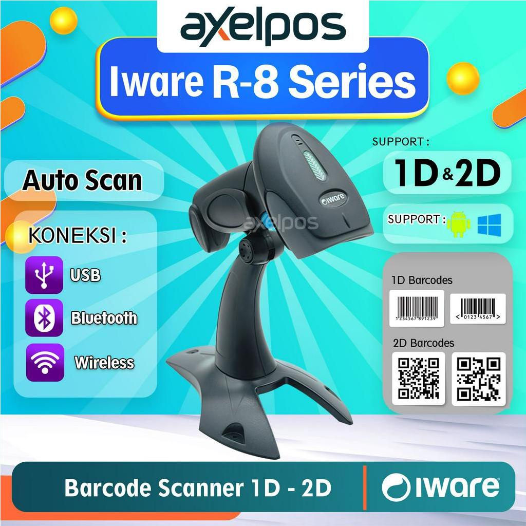 Barcode Scanner Usb Bluetooth Wireless 1D/2D Auto Scan Iware R8 Series