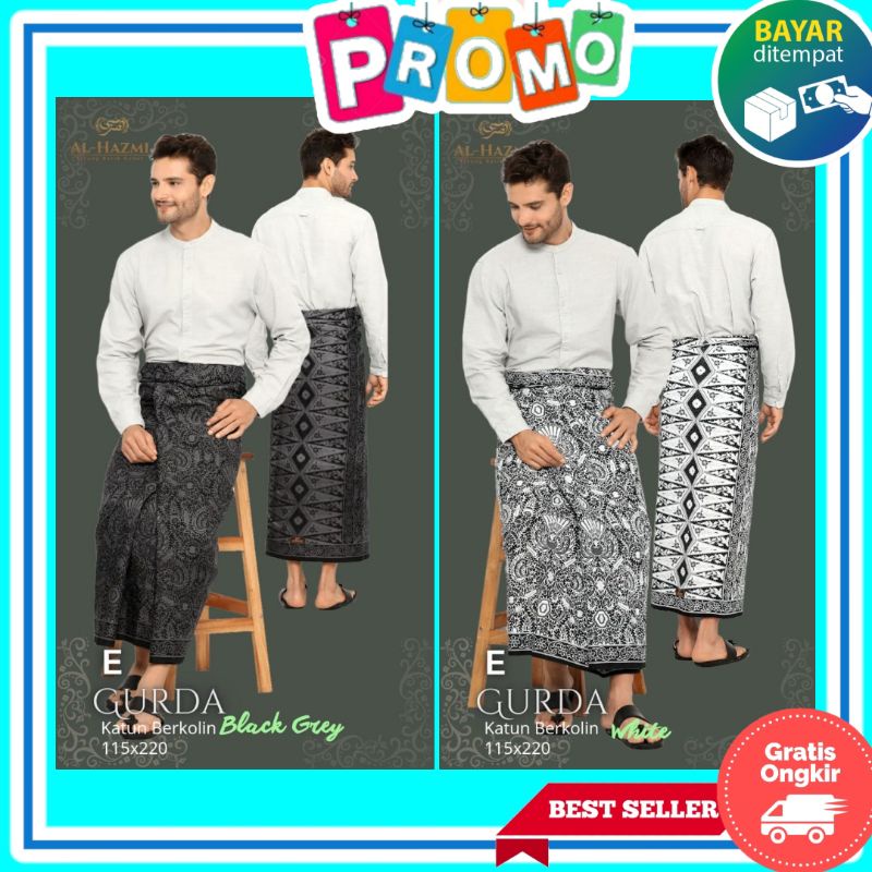 Alhazmi Sarung Batik Lar Gurda Pria Wanita Dewasa Muslim Printing Katun Kudusan Hitam Putih