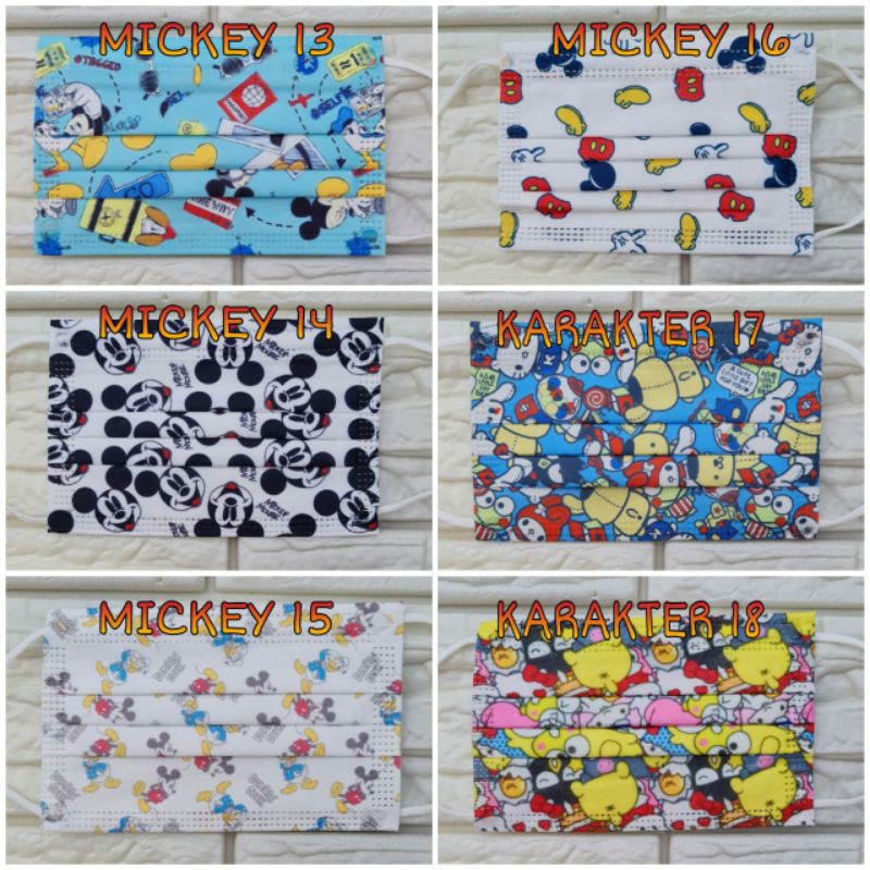 Masker Anak Isi 10 Motif Karakter Mickey Doraemon Badtzmaru Cinnamoroll Keroppi Stitch Earloop 3 Ply