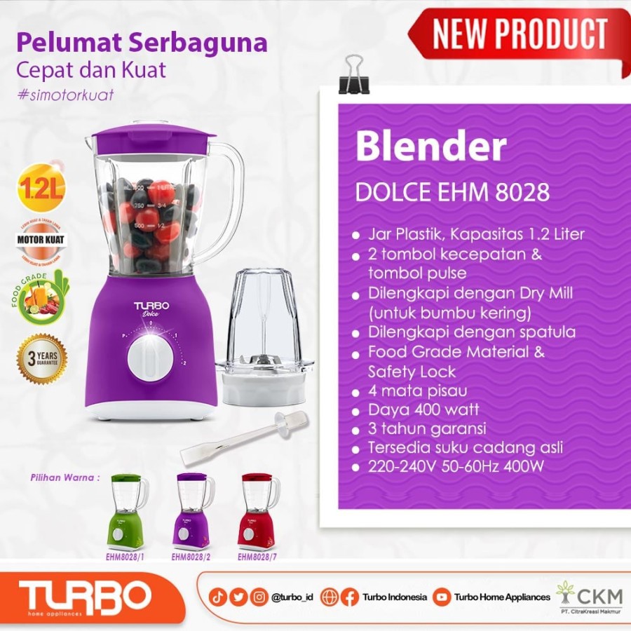 Turbo New Dolce Plastic Blender / Blender Plastik 1.2L EHM8028 400W