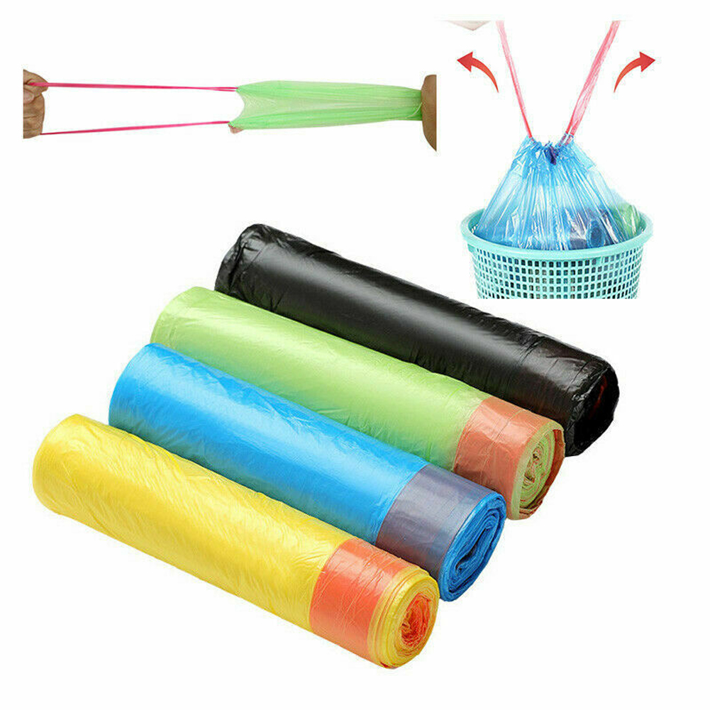 15Pcs/Roll Portable Drawstring Trash Bags / Household Disposable Plastic Garbage Bag / Drawstring Handles Rubbish Bag