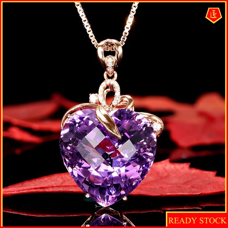 [Ready Stock]Luxury Heart-Shaped Amethyst Pendant 18K Gold Necklace Fashion