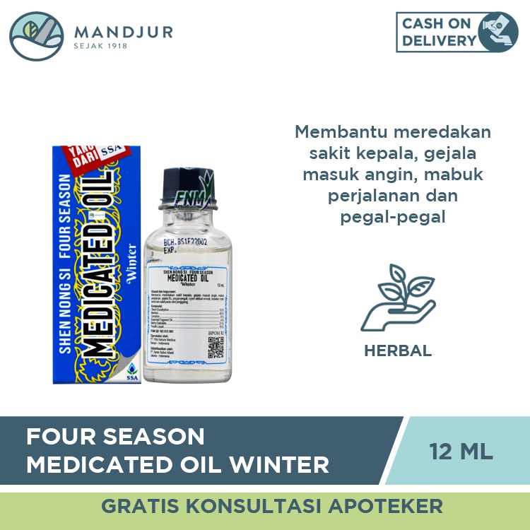 Four Season Medicated Oil Winter 12 mL - Minyak angin Pereda Sakit Kepala, Masuk Angin, dan Mual Mabuk Perjalanan