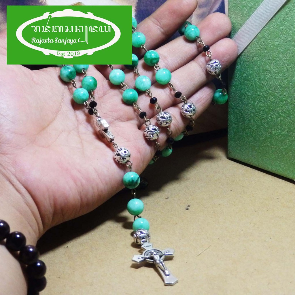 Kalung Tasbih Rosario Giok Hijau 8mm Salib