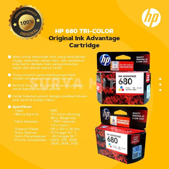 Tinta HP 680 Colour Ink Cartridge - For 2135, 3635 / Color Original