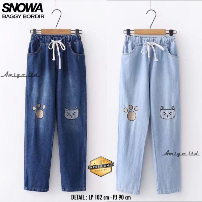 SNOWA BAGGY BORDIR | Celana Jeans Wanita Terbaru Motif Casual Kekinian