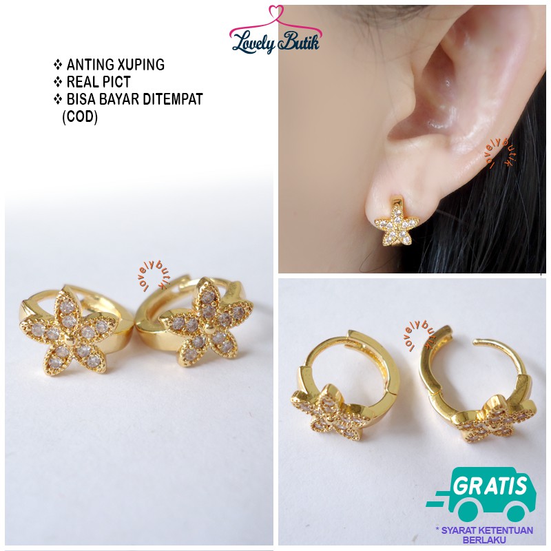 Lovelybutik Anting Xuping Jepit Wanita Gold Model Permata Soka Warna Emas