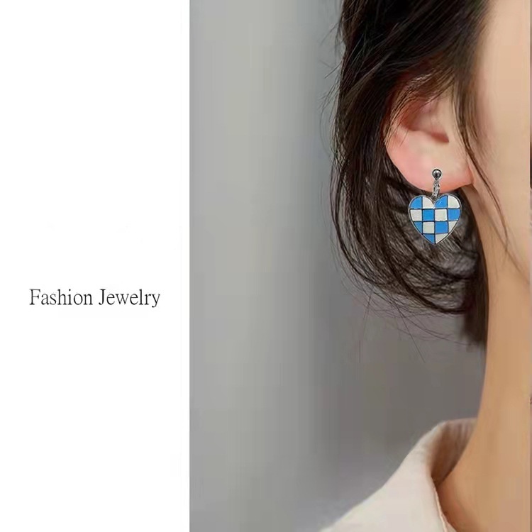 Anting Tusuk Gantung Bahan Sterling Silver 925 Desain Hati + Papan Catur Hitam + Biru Untuk Wanita