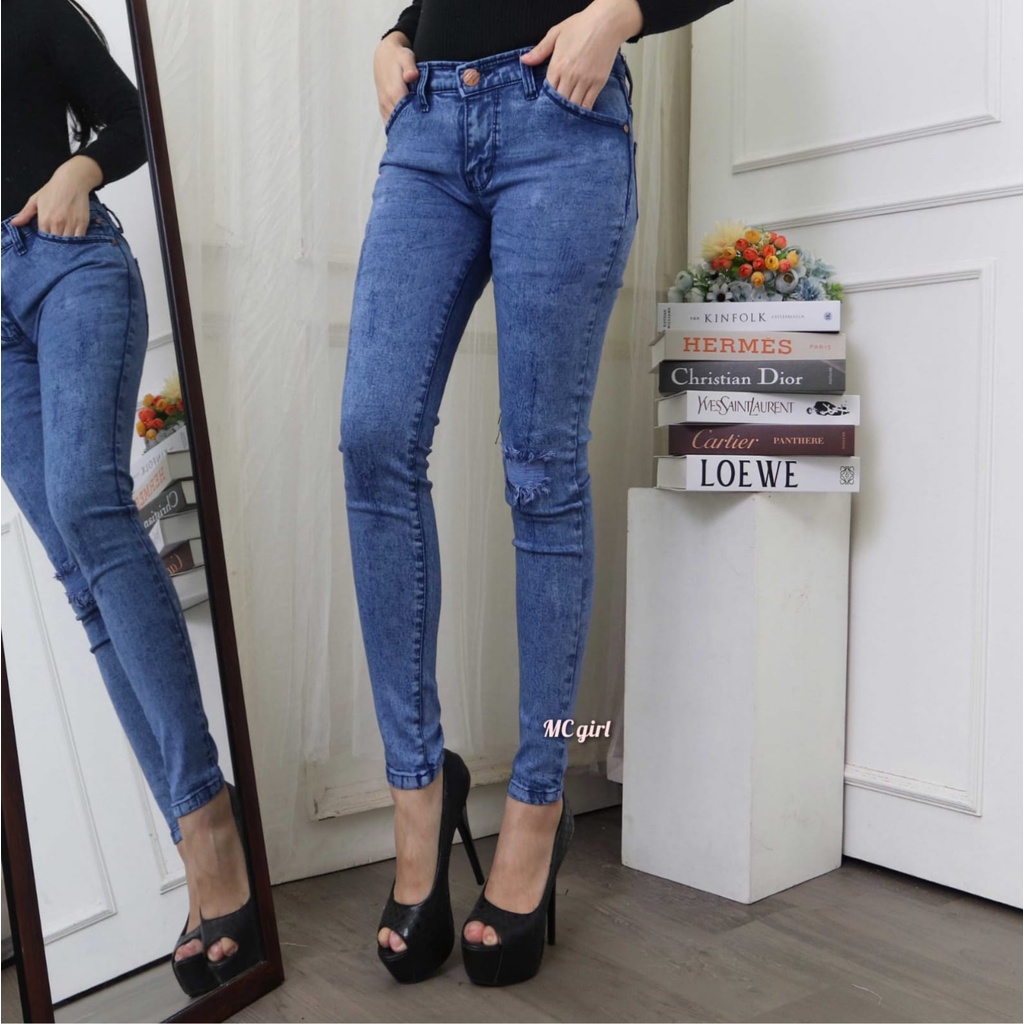 MC girl - Celana Jeans Sobek Tidak Tembus Warna Diamond Wanita / Celana Lepis Panjang Sobek Cakar Daimon / Celana Denim Skinny Pensil Ripped Ada Lapisan