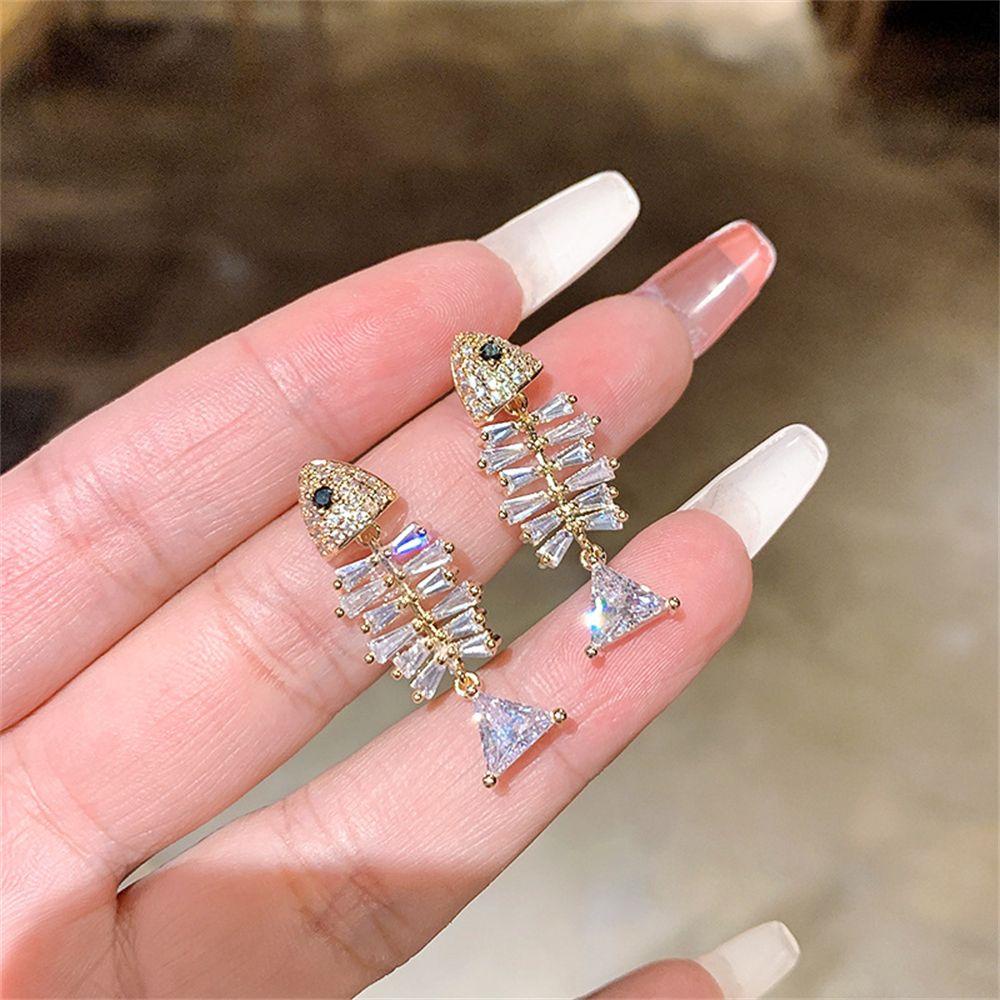 Preva Anting Ikan Anting Fashion Kristal Stud Earrings Elegan Menjuntai Drop Ear Clip