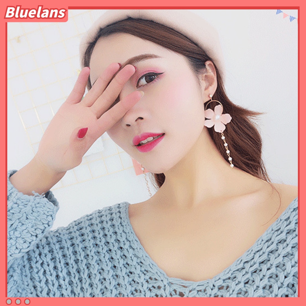 Bluelans Fashion Women Chiffon Flower Faux Pearl Circle Long Dangle Stud Earrings Jewelry