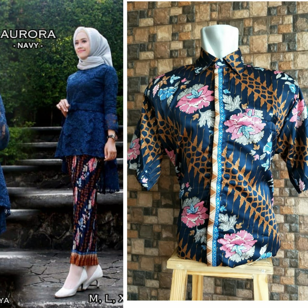 Couple Set Kebaya Brukat Aurora Hem Batik Lengan Pendek Trendy
