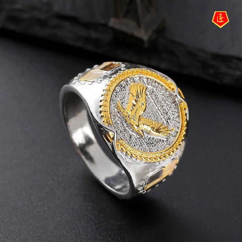 [Ready Stock]S925 Silver Eagle Ring Hip Hop Two-Tone 18K Gold