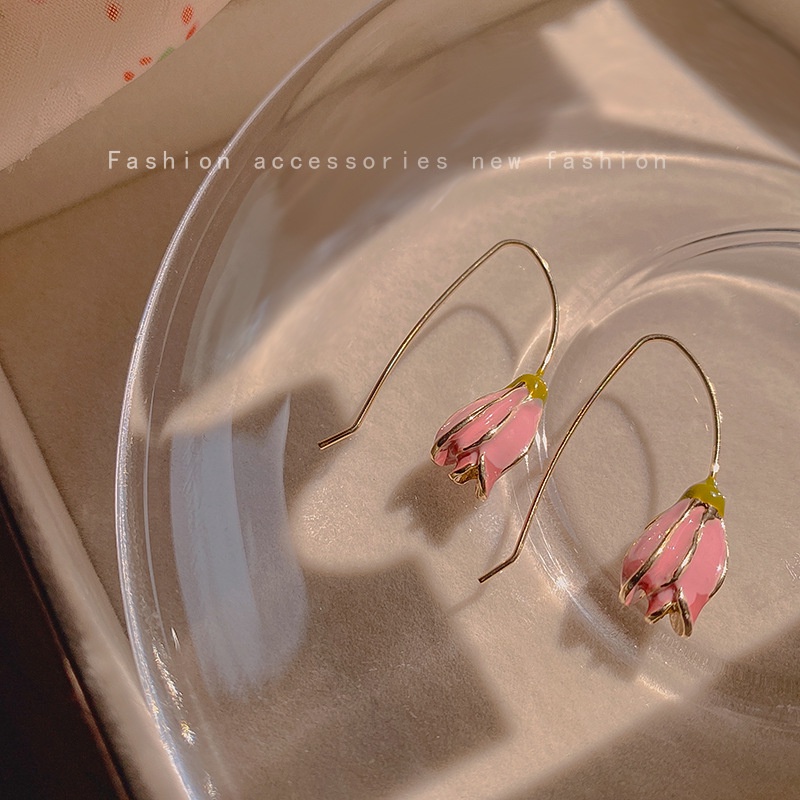 Anting Dan Kalung Liontin Mutiara Bentuk Babi Tulip Warna Pink Untuk Wanita