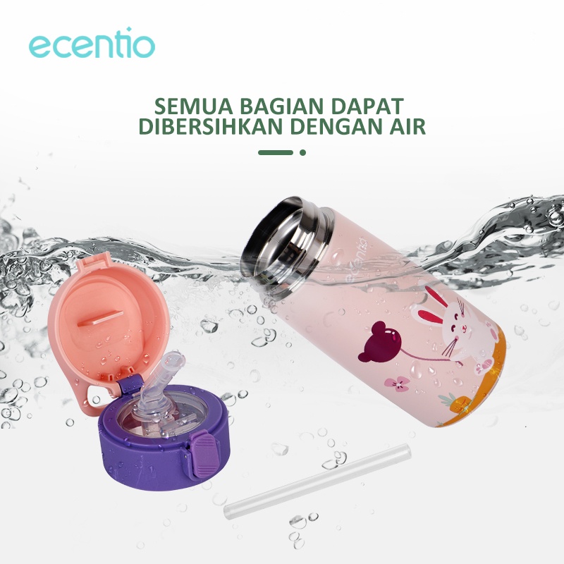 ecentio minum botol sedotan anak 304 cangkir termos Kartun stainless steel 400ml straw sippy cup bubuk silika Merah Muda/Hijau