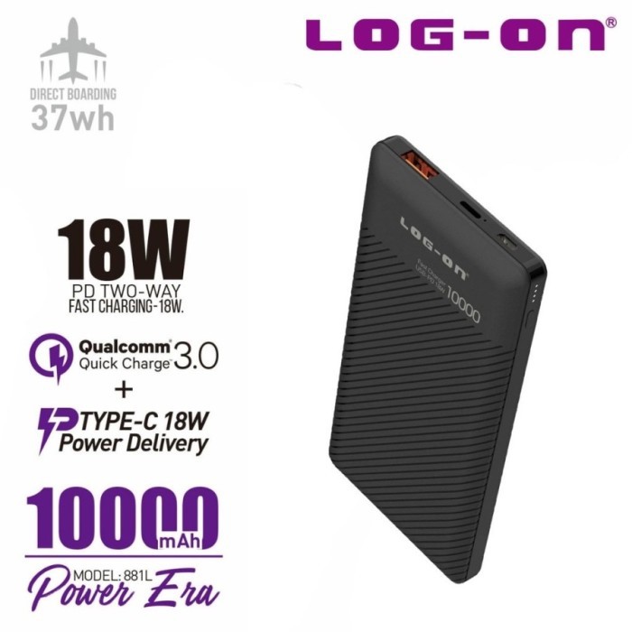 POWERBANK LOG ON 881L POWER ERA 2 USB QC 3.0 PD + TYPE-C 18W 10000 MAH