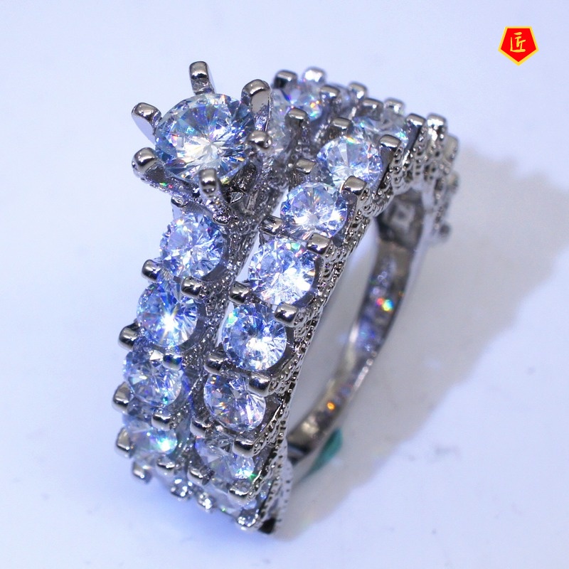 [Ready Stock]Classic round Full Diamond Ring Set Luxury Fashion