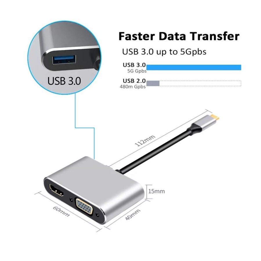 USB Type C to HDMI VGA USB3.0 PD 4k Konverter 4in1 for Smartphone / Tablet