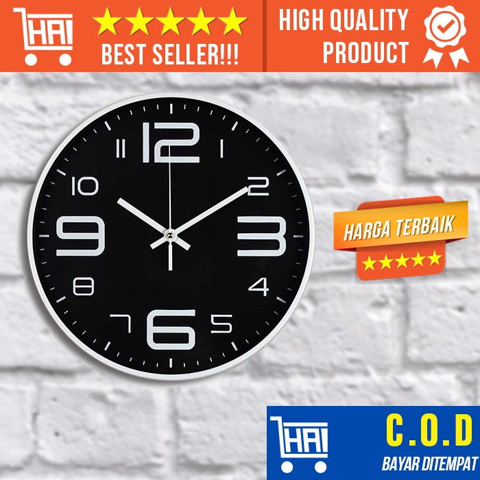 JAM DINDING  ANALOG BULAT HITAM MODERN  MINIMALIS BUNDAR 