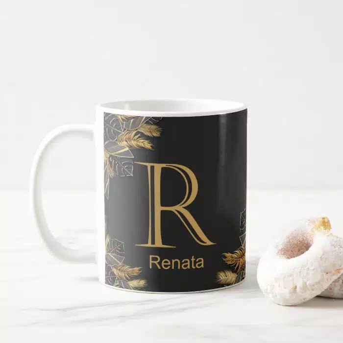 Mug Cangkir Gelas Inisial Nama Floral Gold Premium