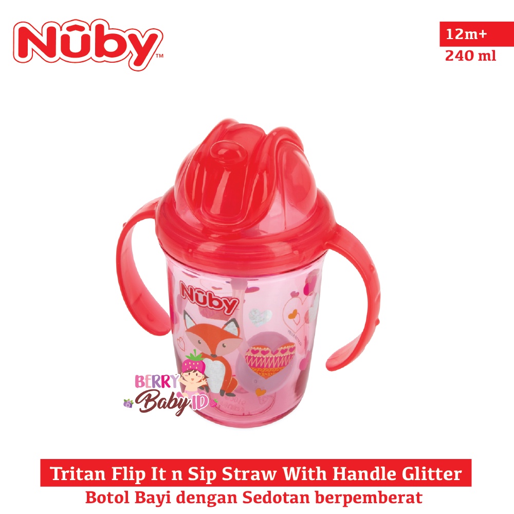 Nuby Tritan Flip It Straw With Handle Glitter Botol Training Cup Bayi Botol Sedotan Bayi Anak BPA Free Berry Mart