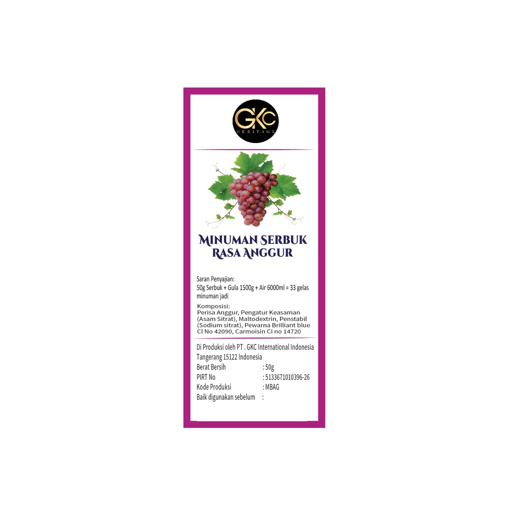 Bubuk Sirup Anggur/ Grape Powder Syrup Serbuk Minuman Powder Drink GKC Heritage Konsentrat 50 gram