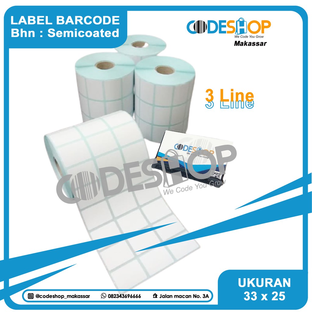 LABEL BARCODE 33 X 25 (3 LINE) KERTAS STICKER LABEL SEMICOATED 33x25