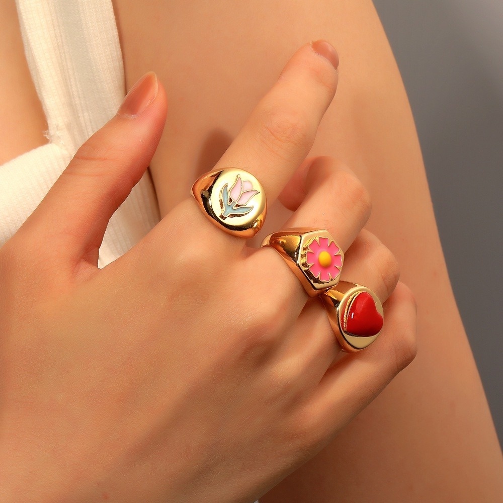 Creative Geometric Sweet Flower Ring Retro Multicolor Love Ring Fashion Index Finger Ring Accessories Female