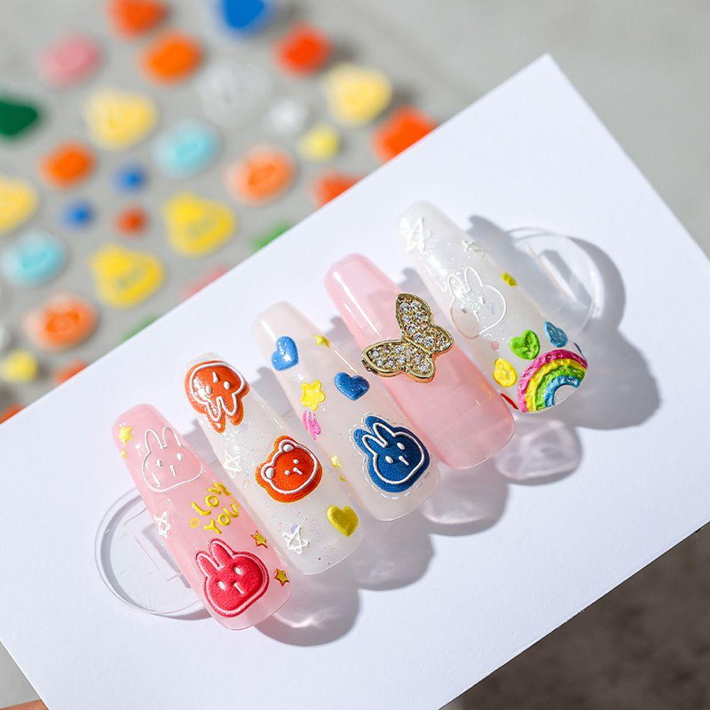 AUGUSTINA Agustina Kartun Stiker Kuku Wanita Relief Kelinci Cinta Hati Beruang Nail Art Dekorasi