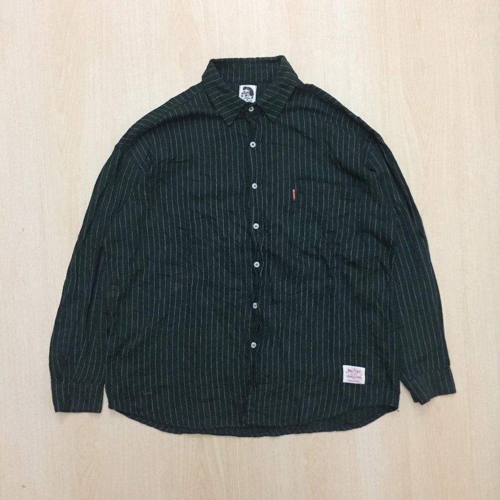 the real mccoy flanel kemeja outer warna hijau ukuran L XL jumbo lengan panjang garis strip putih