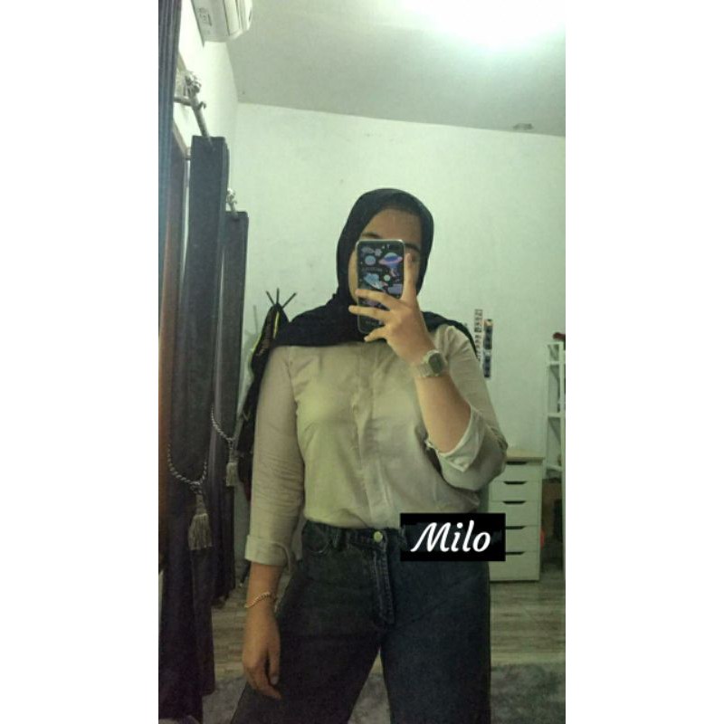 Kemeja wanita polos basic lengan panjang bahan katun rayon-Milo