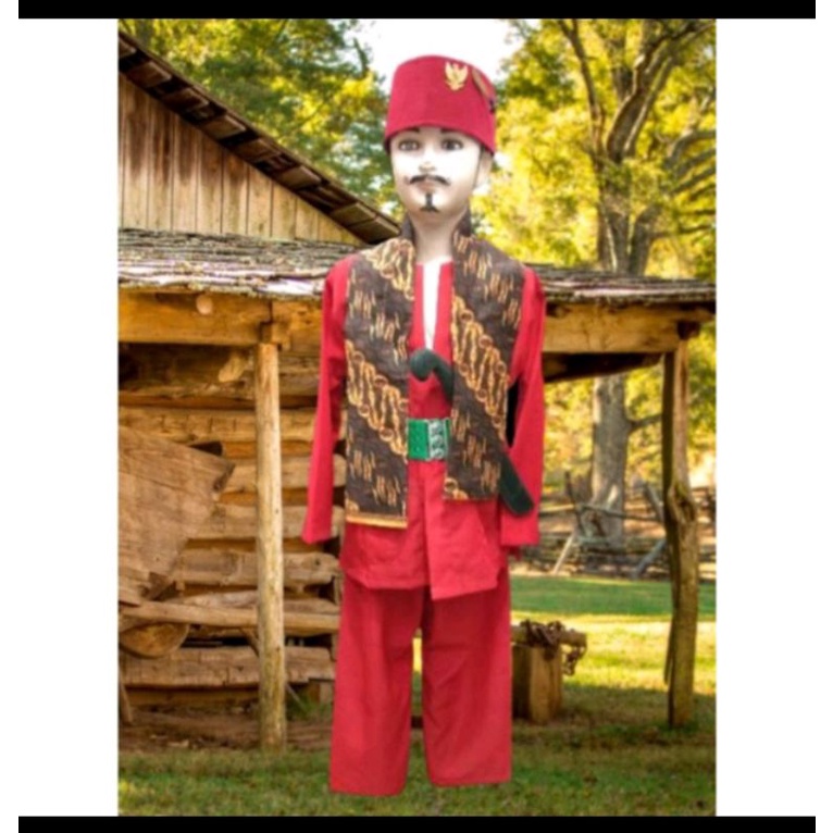 komplet baju pangsi Betawi anak (baju+celana+peci+sabuk+golok2an+cukin/selendang+pin pedang+pin Garu