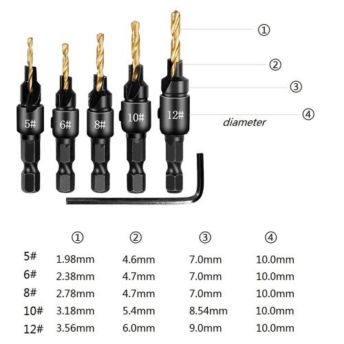 Vastar Mata Bor Drill Bit Countersink HSS 1.98-3.56mm 5 PCS