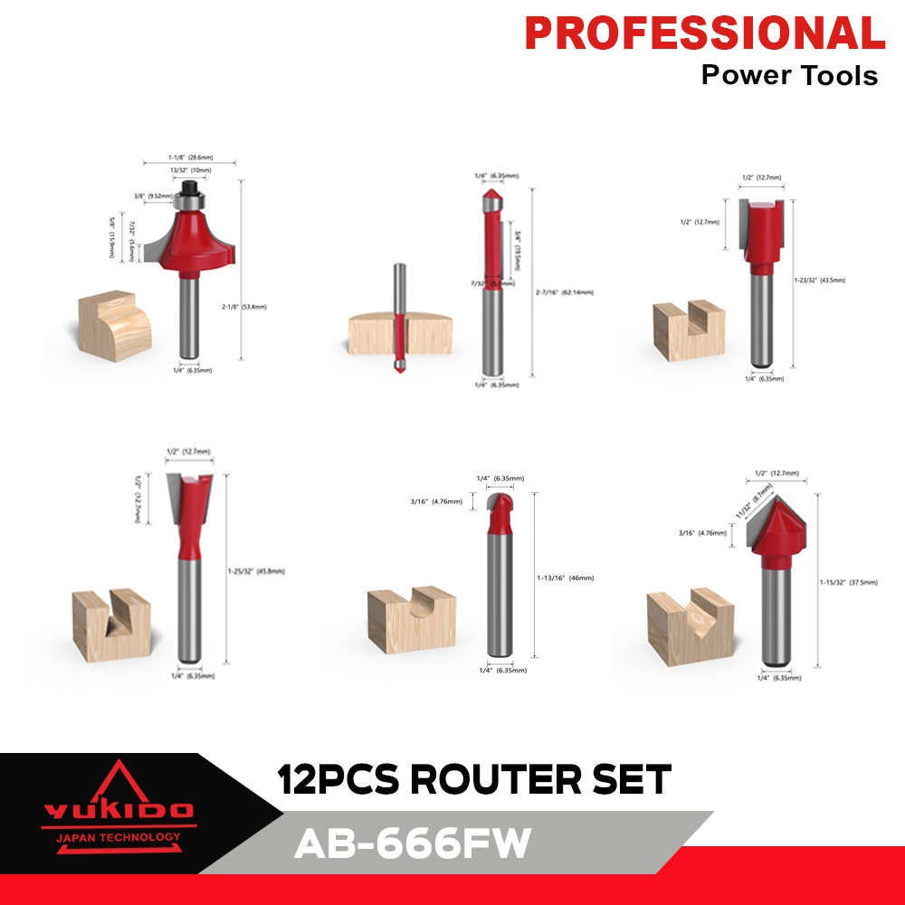 TERMURAH DIKELASNYA!! YUKIDO Mata Profil Set 12pcs Trimmer Router Bits Set 1/4” Kayu Router Woodworking Shank Trimmer