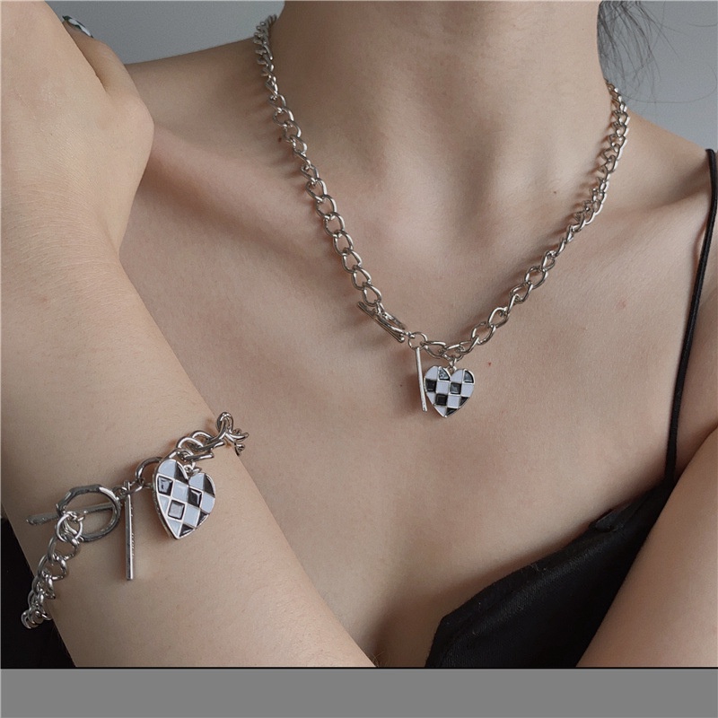 Korean Checkerboard Necklace Bracelet Set Heart Shape Pendant Silver Chain Women Fashion Accessories